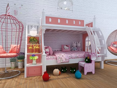 Pink Bunk Bed in Kids Room with White Brick Wall Plush Toys and Hanging Chair 3d model