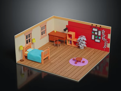 Cartoon Bedroom Scene With Blue Bed Desk Lamp Red Wall Pictures Wooden Floor Purple Rug 3d model