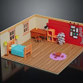 Cartoon Bedroom Scene With Blue Bed Desk Lamp Red Wall Pictures Wooden Floor Purple Rug