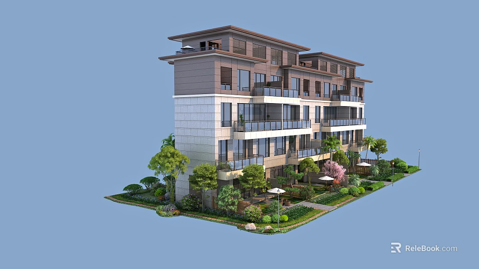Modern Multi Story Townhouse Exterior With Balconies Lush Greenery And Garden 3d model 