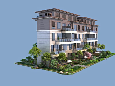 Modern Multi Story Townhouse Exterior With Balconies Lush Greenery And Garden 3d model