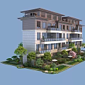 Modern Multi Story Townhouse Exterior With Balconies Lush Greenery And Garden