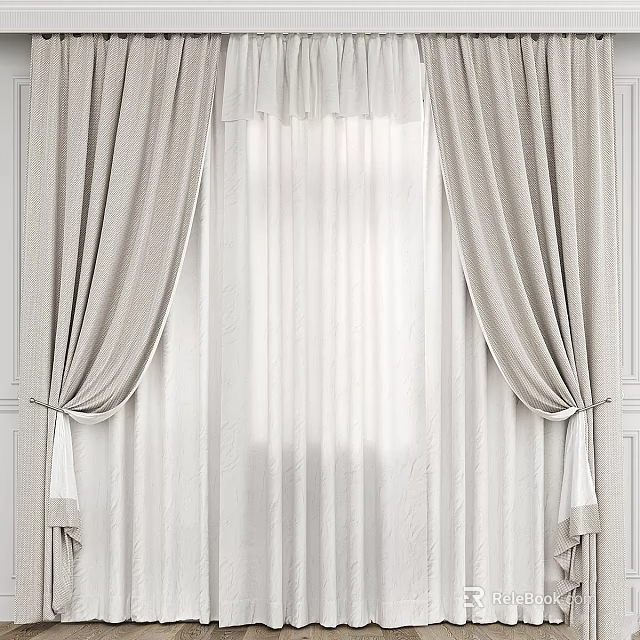 Elegant Beige Curtains with Sheer White Lining and Decorative Tiebacks on White Walls 3d model 