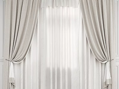Elegant Beige Curtains with Sheer White Lining and Decorative Tiebacks on White Walls 3d model