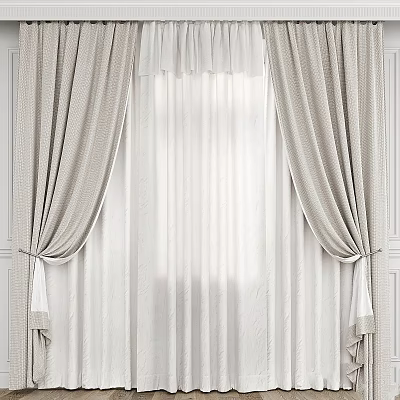 Elegant Beige Curtains with Sheer White Lining and Decorative Tiebacks on White Walls 3d model