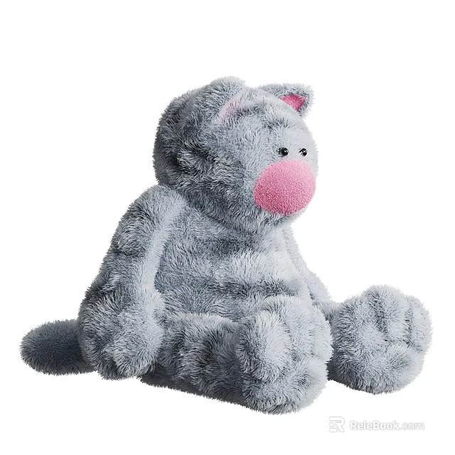 Gray Plush Cat Stuffed Toy with Pink Nose and Soft Furry Sitting Design 3d model 