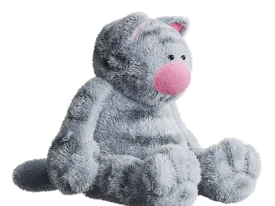 Gray Plush Cat Stuffed Toy with Pink Nose and Soft Furry Sitting Design 3d model