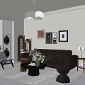 Modern Living Room Interior With Brown Leather Sofa Chandelier Framed Pictures And Coffee Table