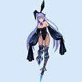 Game Movie Character With Purple Long Hair Black Rabbit Ears Blue Bow Black Strapless Outfit