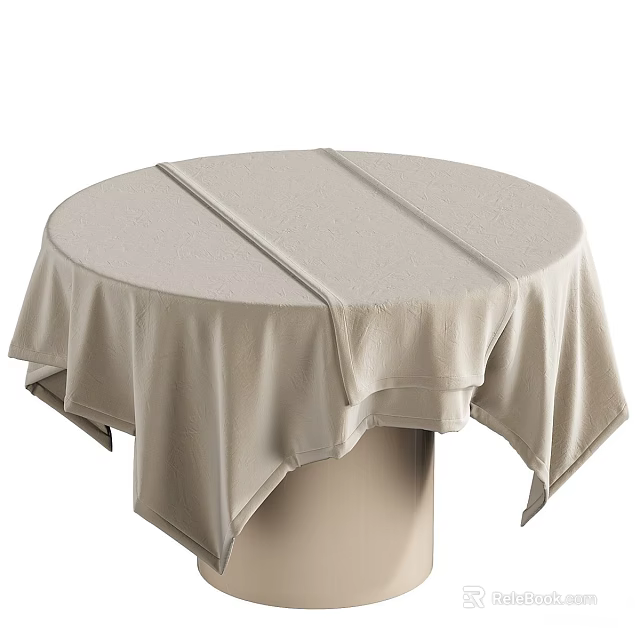 Elegant Round Dining Table with Beige Fabric Tablecloth and Soft Draped Edges 3d model 