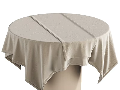 Elegant Round Dining Table with Beige Fabric Tablecloth and Soft Draped Edges 3d model