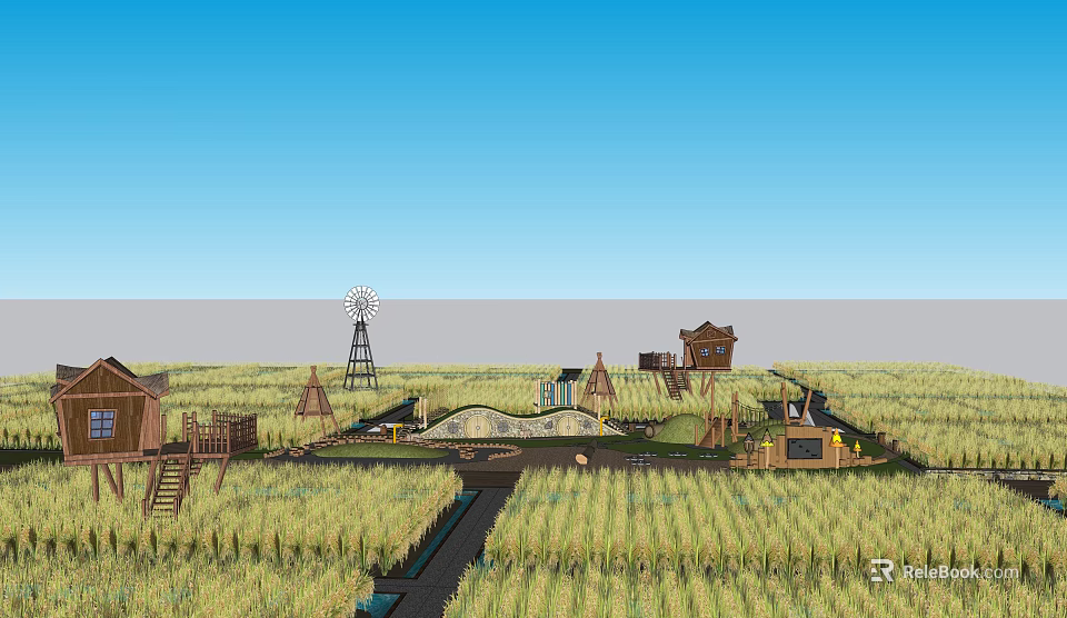 Scenic Rural Landscape Featuring Vast Field Windmill Wooden Cabins Bridge Path And Blue Sky 3d model 