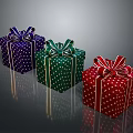 Three Colorful Household Gift Boxes With Purple Green Red White Polka Dots And Decorative Bows