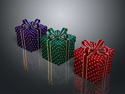 Three Colorful Household Gift Boxes With Purple Green Red White Polka Dots And Decorative Bows 3d model