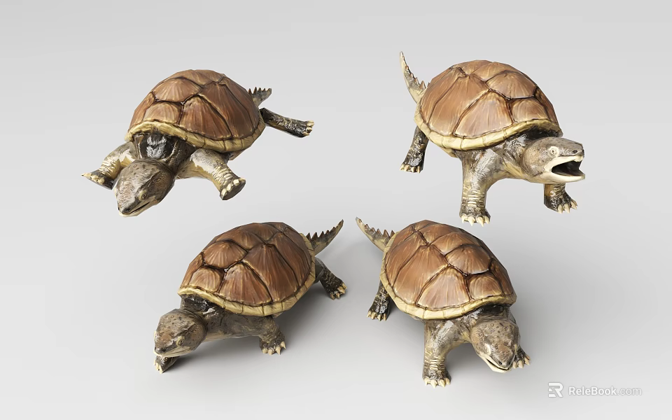Four Realistic Brown Turtle Figurines In Various Decorative Poses Set 3d model 