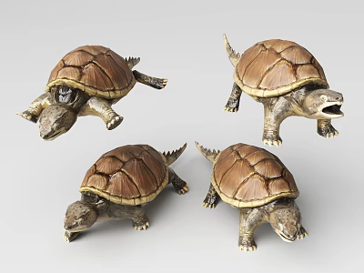 Four Realistic Brown Turtle Figurines In Various Decorative Poses Set 3d model