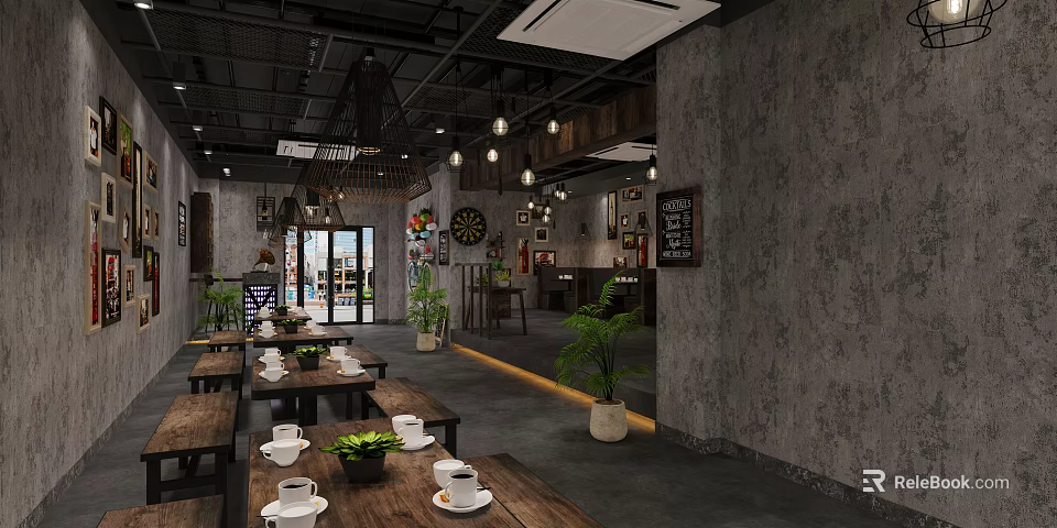 Industrial Style Restaurant Interior With Gray Walls Wooden Tables Hanging Lights And Green Plants 3d model 