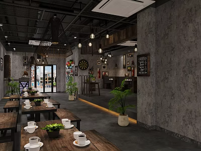 Industrial Style Restaurant Interior With Gray Walls Wooden Tables Hanging Lights And Green Plants 3d model