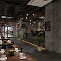 Industrial Style Restaurant Interior With Gray Walls Wooden Tables Hanging Lights And Green Plants