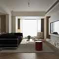 Modern Living Room Interior With Black Sofa Beige Chair Glass Coffee Table And Red Stool