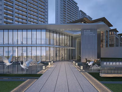 Modern Sales Office Building With Glass Curtain Wall Entrance Landscape Pathway And White Crane Sculptures 3d model