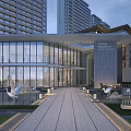 Modern Sales Office Building With Glass Curtain Wall Entrance Landscape Pathway And White Crane Sculptures