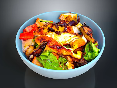 Healthy Fresh Grilled Chicken Salad Bowl With Lettuce Tomato And Vegetables In Blue Bowl 3d model