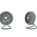 Two Gray Air Conditioning Fans With Circular Design And Metal Stands