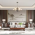 Traditional Chinese Living Room Interior Featuring Landscape Painting Wall Sofa Coffee Table And Chandelier