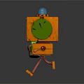 Cartoon Orange Robot Character With Blue Top Holding Green Bottle And Striped Legs