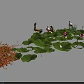 Lush Aquatic Plants Scene With Green Lotus Leaves Pink Flowers And Orange Foliage