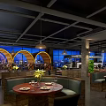 Unique Restaurant Interior With Red Bus Large Windows And Night City View 3d model