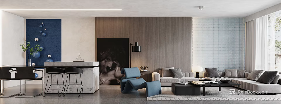 Modern Living Dining Room Interior With Sofa Blue Chair Coffee Table And Wooden Wall Art 3d model 