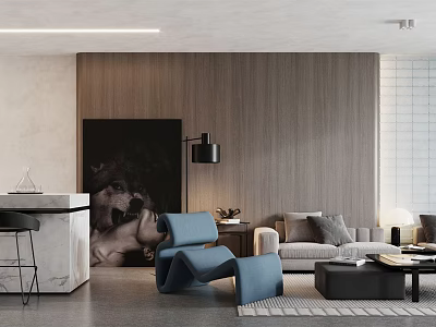 Modern Living Dining Room Interior With Sofa Blue Chair Coffee Table And Wooden Wall Art 3d model