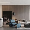 Modern Living Dining Room Interior With Sofa Blue Chair Coffee Table And Wooden Wall Art