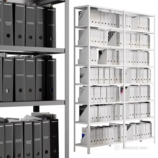 Organized File Display Rack With Multiple Layers And Black and White Folders 3d model