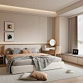 Modern Minimalist Bedroom Interior With Soft Bedding Wall Art Round Mirror And Wooden Flooring