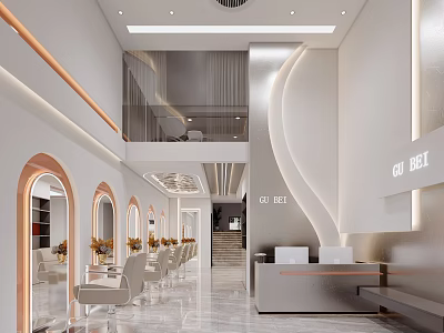 Modern Beauty and Hair Salon Interior with Styling Chairs Mirrors and Reception Desk 3d model