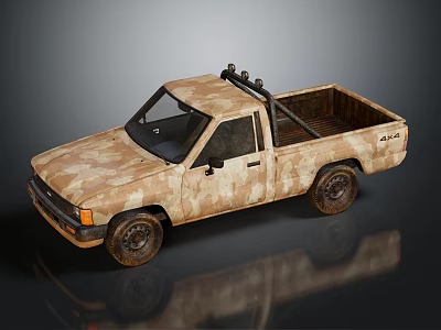 Camouflage Truck with Roof Rack Open Bed and Worn Off Road Style 3d model