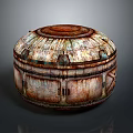Vintage Round Decorative Vessel With Weathered Metal Surface And Circular Ring Patterns 3d model