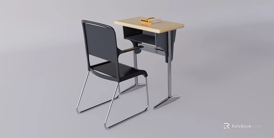 Modern Desk With Light Wooden Top Black Chair And Book On Surface 3d model 