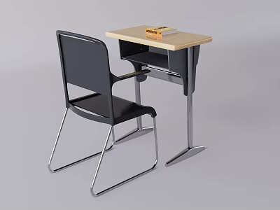 Modern Desk With Light Wooden Top Black Chair And Book On Surface 3d model