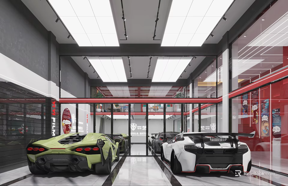 4S Dealership Showroom With Parked Green And White Sports Cars 3d model 