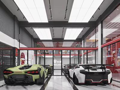 4S Dealership Showroom With Parked Green And White Sports Cars 3d model