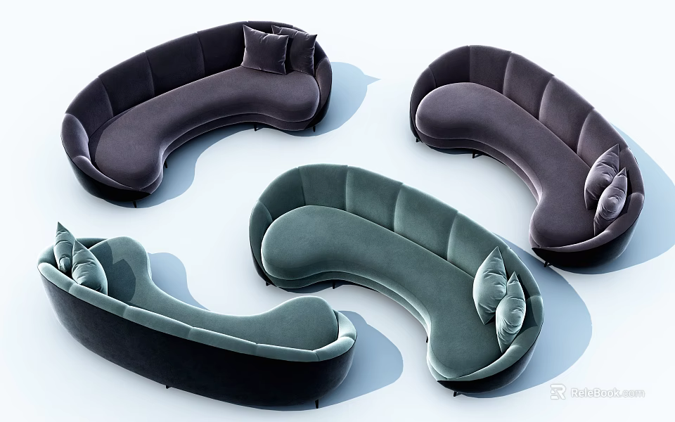 Curved Multi Person Sofa Design With Velvet Upholstery And Decorative Pillows 3d model 