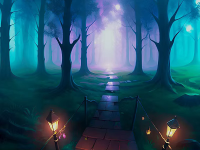 Enchanted Forest Path With Misty Trees And Glowing Lanterns Under Twilight Light 3d model