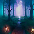 Enchanted Forest Path With Misty Trees And Glowing Lanterns Under Twilight Light 3d model