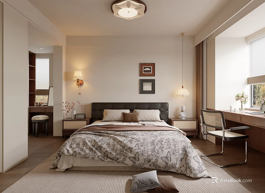 Elegant Bedroom Interior With Patterned Bedspread Pillows Nightstands Lamps Ceiling Light Wall Art Desk Chair 3d model 