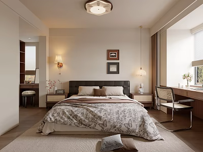 Elegant Bedroom Interior With Patterned Bedspread Pillows Nightstands Lamps Ceiling Light Wall Art Desk Chair 3d model