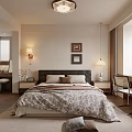 Elegant Bedroom Interior With Patterned Bedspread Pillows Nightstands Lamps Ceiling Light Wall Art Desk Chair